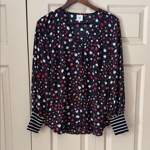 Cabi Shirt Size S Small Black Red Florals Striped Sleeves